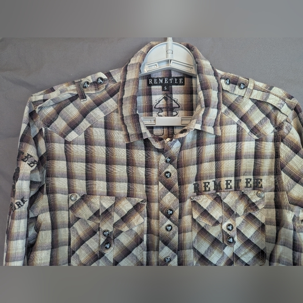 Remetee Small Plaid Cross Button Down Shirt Eagle Buttond - Picture 7 of 15